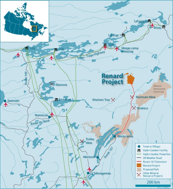 Map of Renard Diamond mining project near Quebec