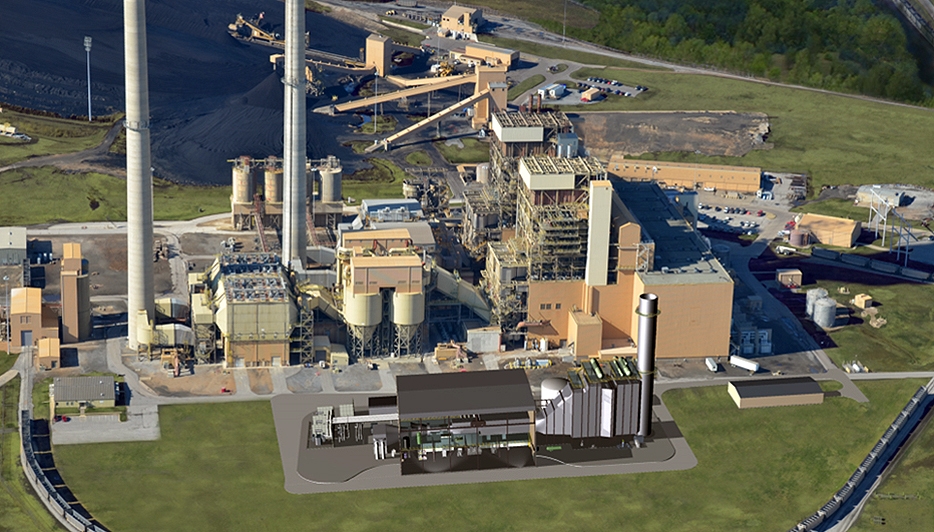 Aerial view of the Grand River Energy Center with artists rendition of the proposed Unit 3