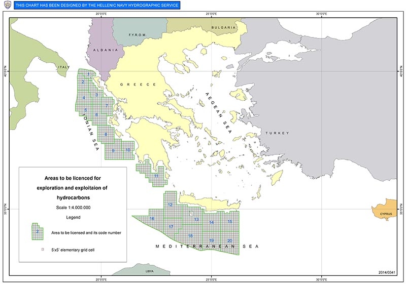 Map of Greece’s 2014 offshore licensing round with 20 blocks