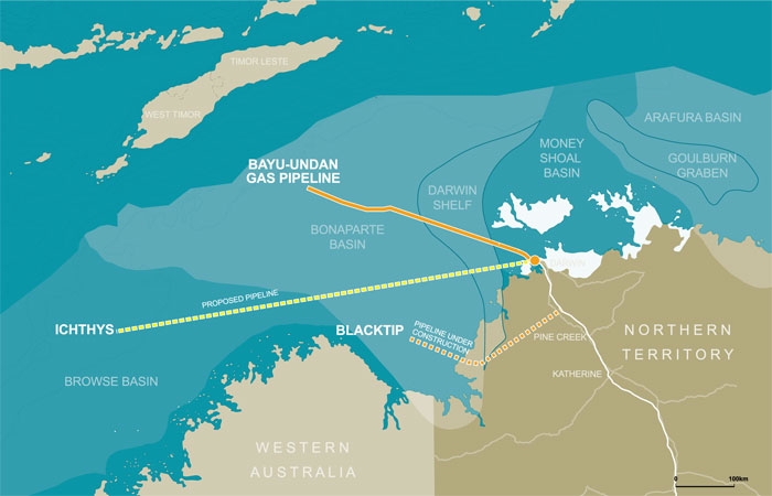 Map of Ichthys LNG project area in North West Australia