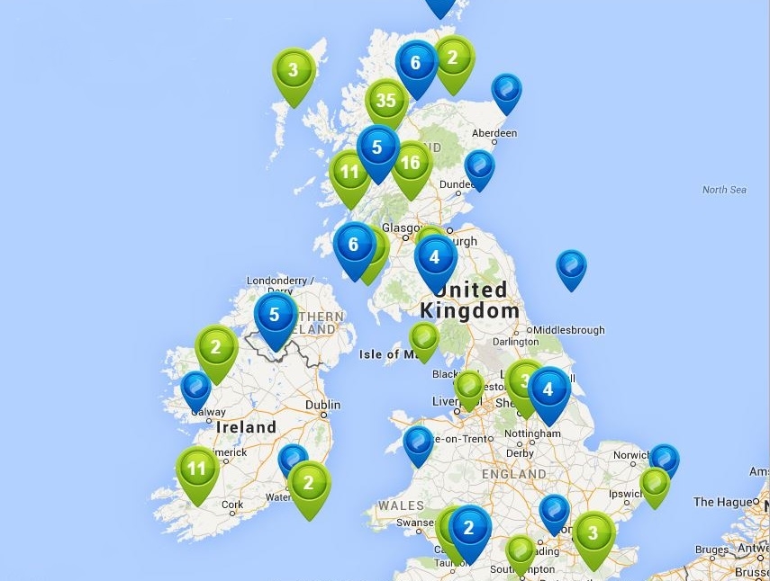 Map of SSE's projects (blue) and assets (green)