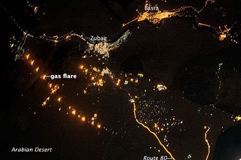 Lights over southern Iraq show sites of gas flaring