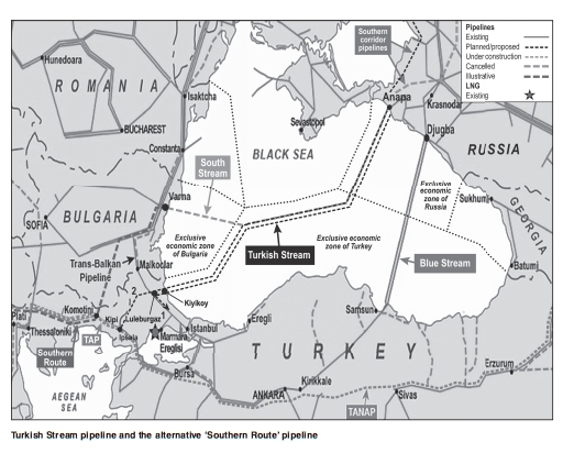 The Turkish Stream pipeline and the alternative ‘Southern Route’ pipeline [source: OIES]