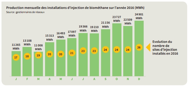 Biomethane monthly injections in 2016 [source: "Panorama du gaz renouvelable in 2016" report]