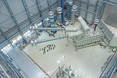 A view from the top of the test bay shows the transformer's extreme dimensions