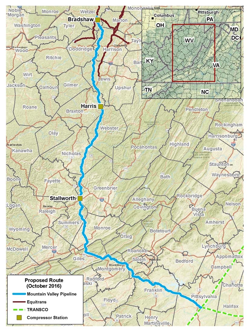 Proposed route of Mountain Valley Pipeline