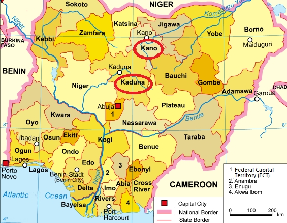 Map showing the location of Kaduna and Kano in Nigeria