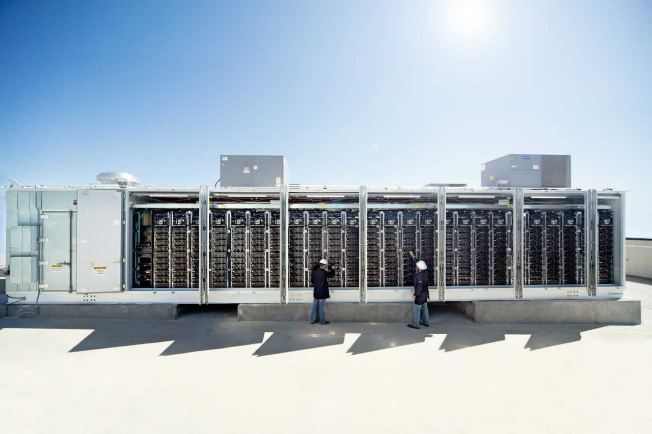Fluence energy storage container with doors opened.