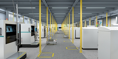 Multiple 3D-printing machines at the Worchester manufacturing site