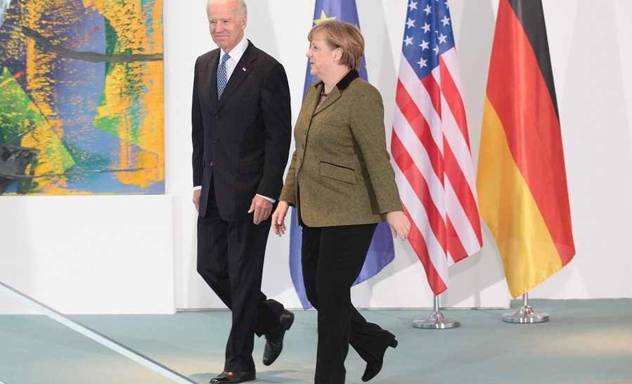 German Chancellor Angela Merkel meets then US Vice President Joe Biden in Berlin in 2013