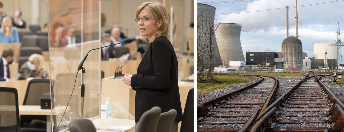 Austria's climate minister Leonore Gewessler speaking to Parliament / Decommissioned Gundremmingen nuclear reactor in Germany