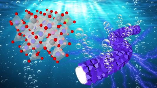 Oxygen bubbles evolve from fibrous, interconnected catalyst particles (right) during reaction with water. Lattice structure for cobalt-based catalyst on left.