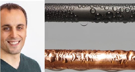 The F-DLC coating at the pipe above allows the condensed water to form into droplets rather than a thin film covering the pipe below.